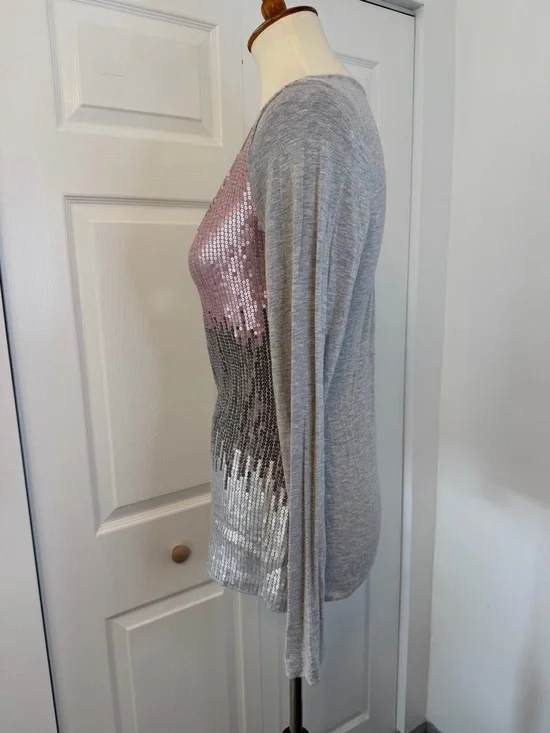 Cache Y2K Sequined Scoop Neck Long Sleeve Top - Pink & Gray - Picture 6 of 13